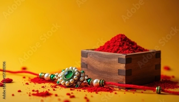 Fototapeta Elegant Rakhi with Kumkum and Rice on Yellow Background – Indian Festival Flatlay
