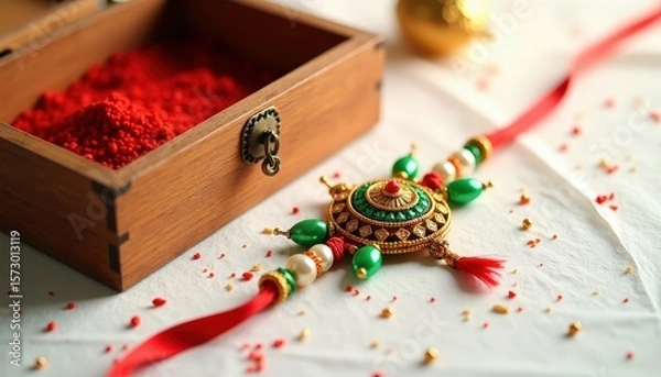 Fototapeta Elegant Rakhi with Kumkum and Rice on White Background – Indian Festival Flatlay