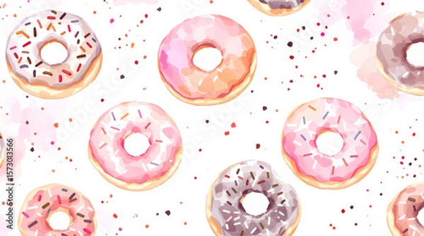 Fototapeta Donuts seamless pattern. Watercolor doughnuts. Chocolate, pink, green, white donuts. Pattern for a kitchen, textile.