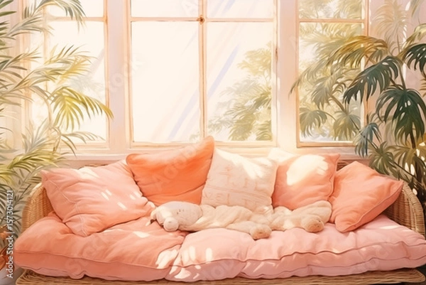 Fototapeta soft and cozy indoor sitting area with cushions and morning light through window