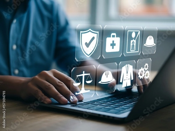 Obraz Person using laptop with digital icons for safety and health hands technology