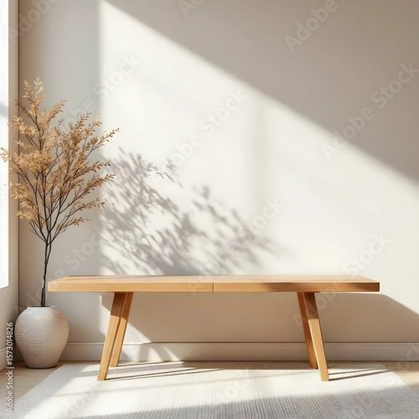 Fototapeta Minimalist interior with wooden bench vase and plant casting shadows on a white wall in sunlight