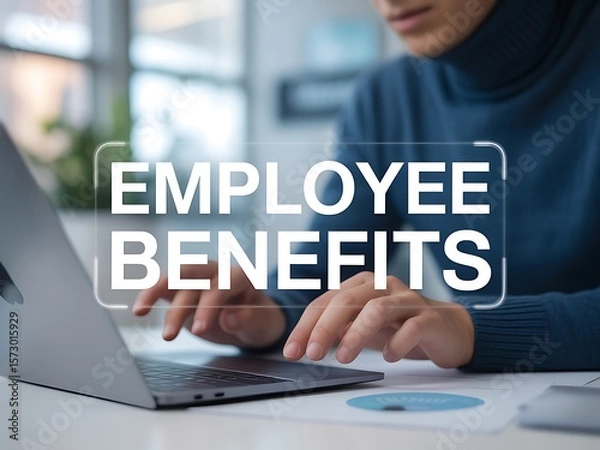 Obraz Person using laptop with employee benefits displayed on screen human resources employment