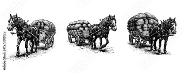 Fototapeta Vintage Workhorse with Loaded Cart - Historical Engraving Set