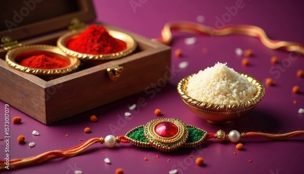Fototapeta Elegant Rakhi with Kumkum and Rice on Purple Background – Indian Festival Flatlay