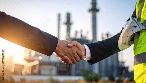 Fototapeta Two men in suits handshake in front of a power plant one wears a safety vest and holds a hard hat