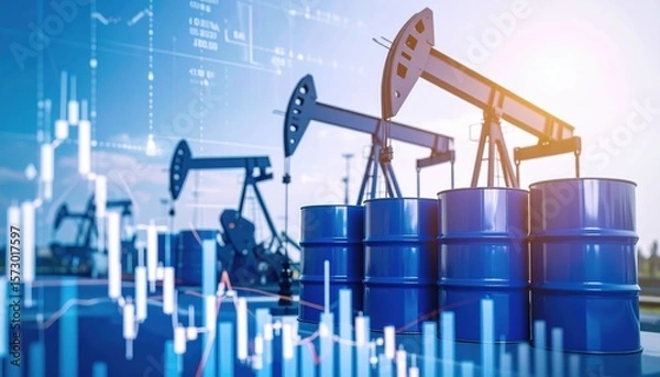 Fototapeta Blue oil drums stand before pumpjacks with overlaid financial stock market chart displaying candlestick patterns