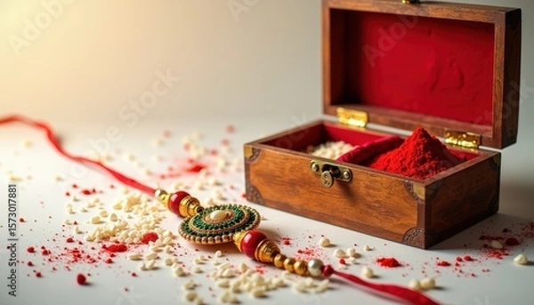 Fototapeta Elegant Rakhi with Kumkum and Rice on White Background – Indian Festival Flatlay