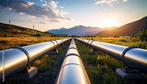 Fototapeta Elevated metal pipelines stretch across a grassy field towards distant snow capped mountains at sunset