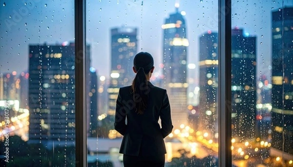 Fototapeta Back view of a woman in a suit looking out a large window at a city skyline at night with raindrops on the glass