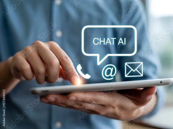 Obraz Person using tablet with chat ai communication icons technology