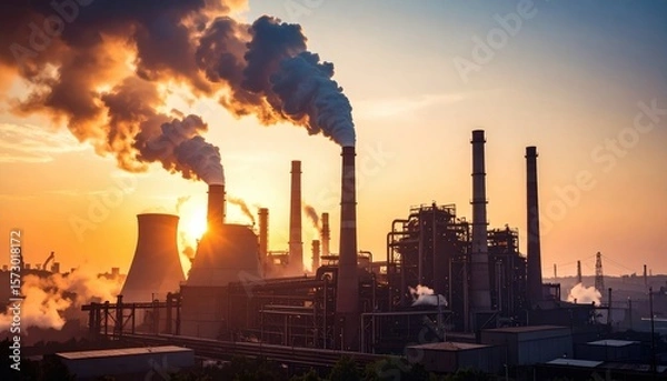 Fototapeta Industrial complex with multiple chimneys emitting smoke against an orange sky pollution visible at sunset industrial