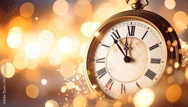 Fototapeta Golden pocket watch displaying almost midnight against blurred sparkling lights showing the Roman numerals indicating
