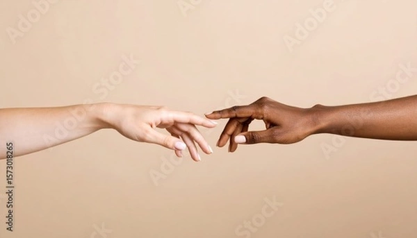 Fototapeta Light skinned and dark skinned hands reach toward each other on a beige background suggesting connection unity and