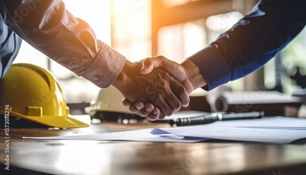 Fototapeta Two individuals shaking hands over construction plans on a table with helmets pen and sunlight illuminating the scene