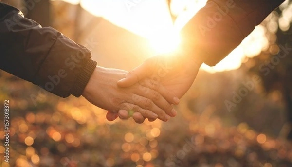 Fototapeta Two people holding hands outdoors in a park setting with bright sunlight and a bokeh effect highlighting autumn colors