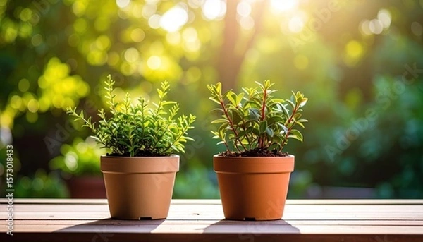 Fototapeta Two potted green plants rest on a wooden surface against a bokeh background of green foliage bathed in soft sunlight