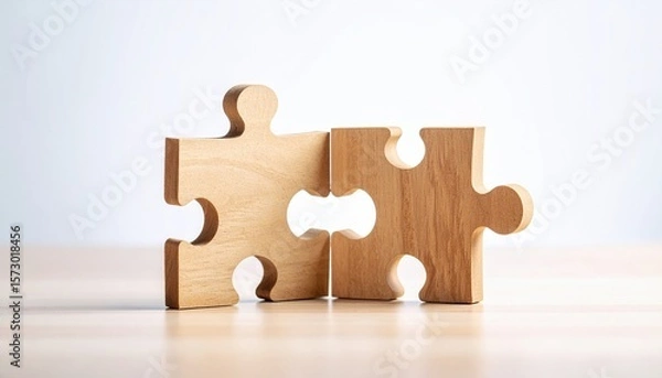 Fototapeta Two wooden jigsaw puzzle pieces are connecting together on a wood surface against a plain bright background
