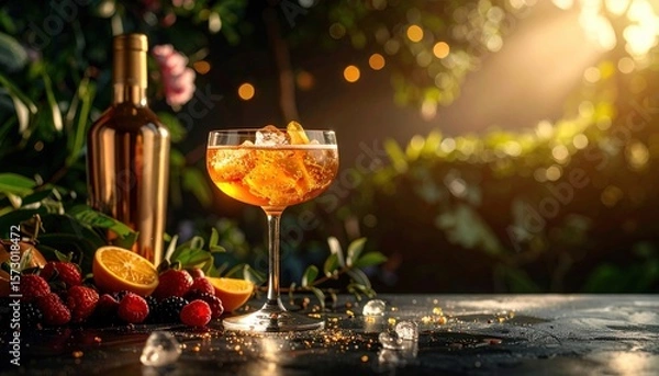 Fototapeta Aperol spritz cocktail with ice and orange slices in a glass a bottle raspberries and blackberries on a black surface