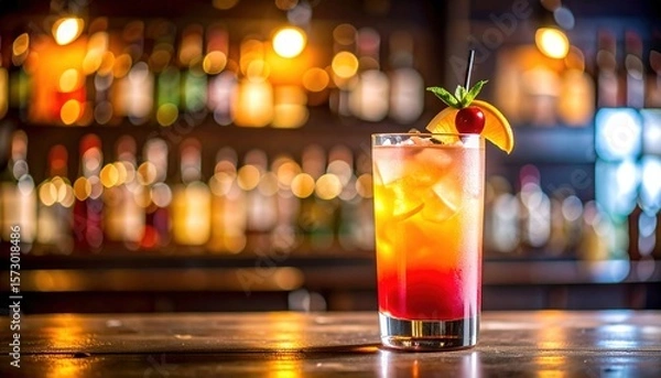 Fototapeta Colorful cocktail garnished with orange cherry and mint on a bar bottles blurred in the background showing bar lighting