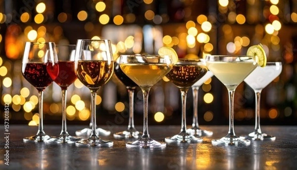 Fototapeta Various alcoholic drinks including wine and cocktails are displayed in stemmed glasses on a reflective surface with