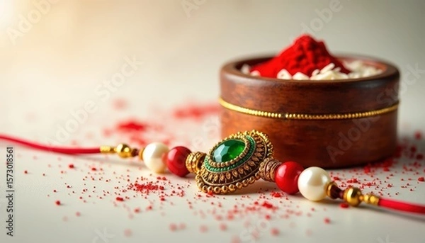 Fototapeta Elegant Rakhi with Kumkum and Rice on White Background – Indian Festival Flatlay