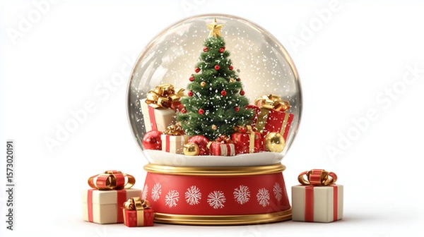 Fototapeta 3D Snow Globe with Christmas Tree and Red and Gold Gifts, Festive Holiday Decor, Isolated on White Background.