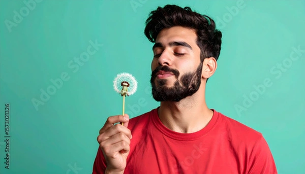 Fototapeta Bearded Man in Red Shirt Gently Blowing a Dandelion Seed Against Teal Background