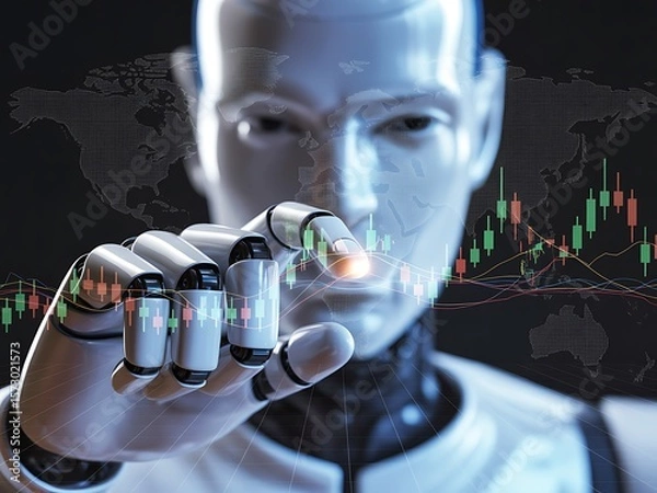 Obraz Robot interacting with financial data on world map artificial intelligence technology