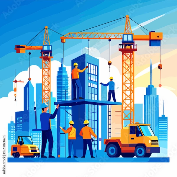 Fototapeta Construction Site with Cranes and Workers Building Skyscrapers in a City Under a Blue Sky During Daytime with a Truck Nearby