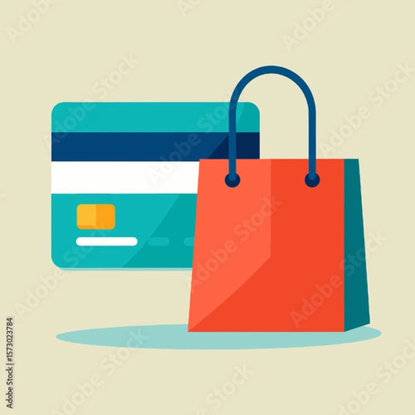 Fototapeta Credit Card and Shopping Bag Graphic in Teal and Red on Beige Background with Modern Flat Vector Design
