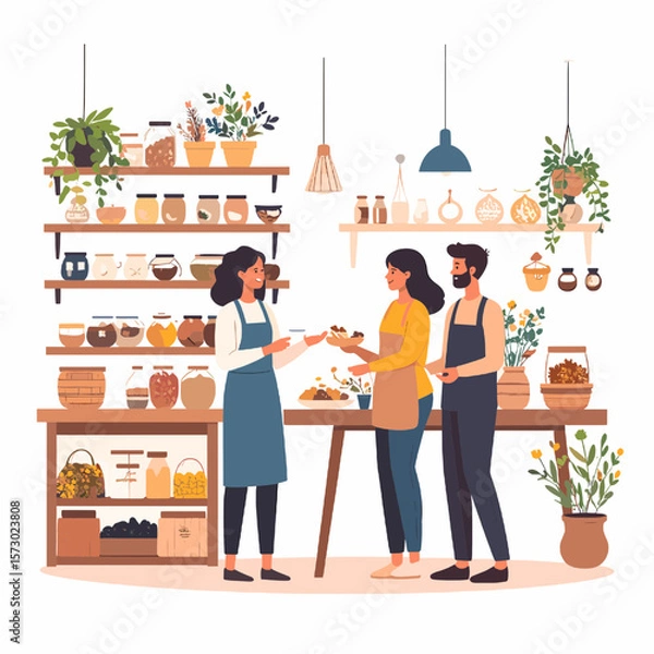 Fototapeta Customers and Shopkeeper at Local Zero Waste Store with Shelves Filled with Merchandise and Plants in Bright and Clean Interior Environment