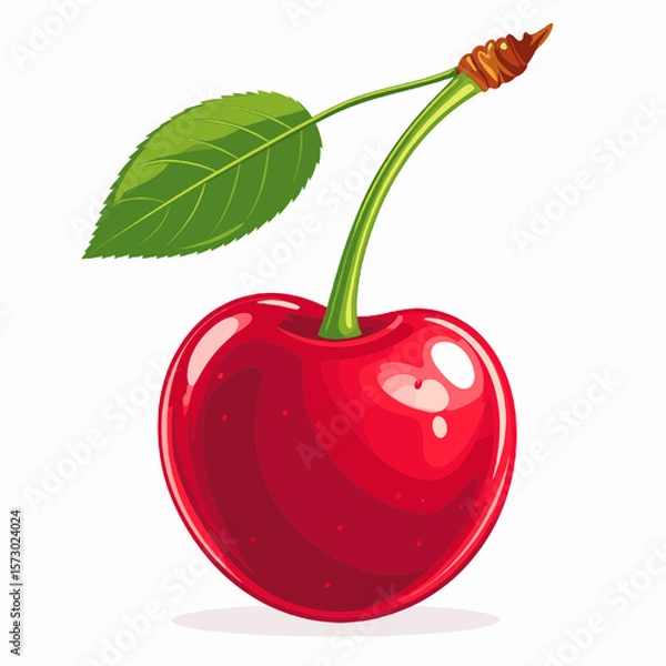 Fototapeta A Single Red Cherry with Green Leaf Pixel Art Style on White Background Represents a Fresh and Healthy Ingredient