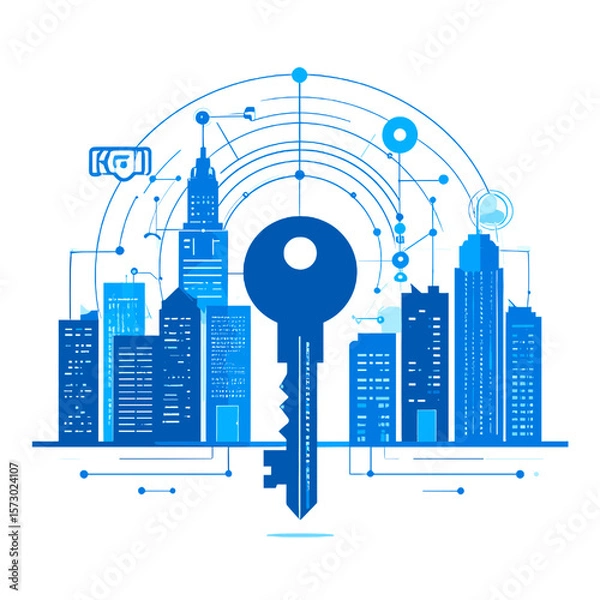 Fototapeta Abstract Blue Cityscape with Key Symbolizing Urban Technology Network and Modern Architecture on a White Background