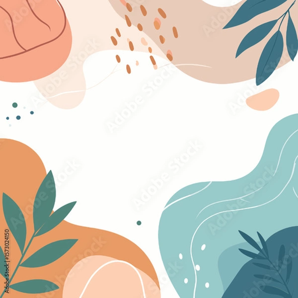 Fototapeta Abstract Botanical Art Design with Earthy Tones in a Minimalist Layout with Leaf Accents and Organic Shapes on a White Background
