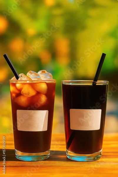 Obraz Two glasses of iced and cold brew coffee with straws on wooden table outdoors with sunny green blurred background