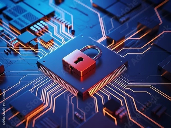 Obraz Secure digital circuit board with red padlock and glowing orange lines technology computer chip