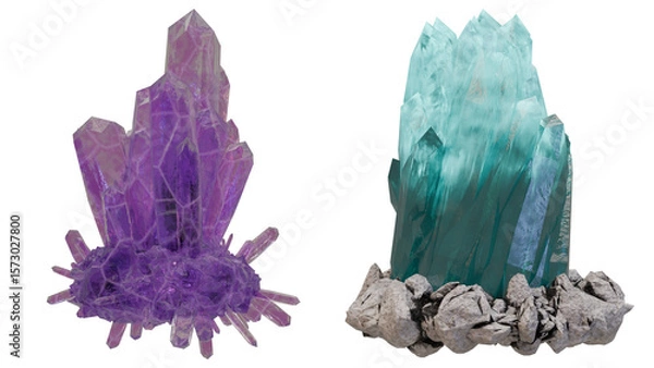 Fototapeta realistic 3d render of purple and teal crystal clusters with sharp faceted structures and rocky bases, vibrant gemstone minerals isolated on transparent background for fantasy or geology design