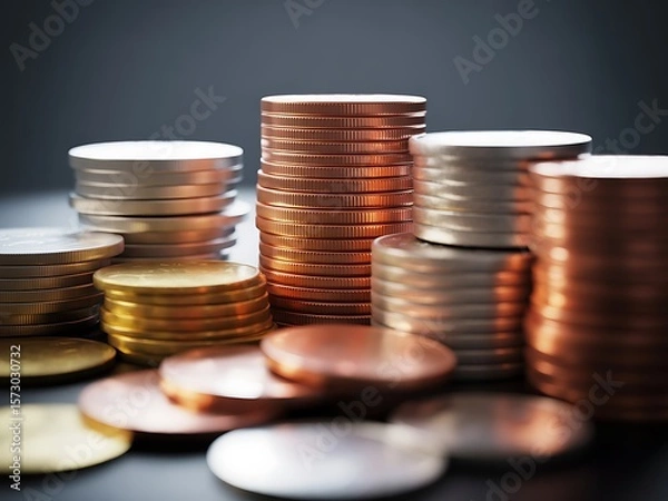 Obraz Stacks of metallic currency coins in varying shades of gold silver and copper money financial