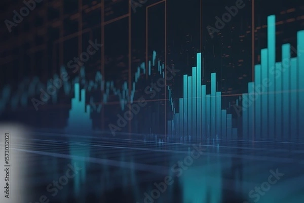 Obraz Teal blue financial bar charts and line graphs on dark grid background financial chart bar graph