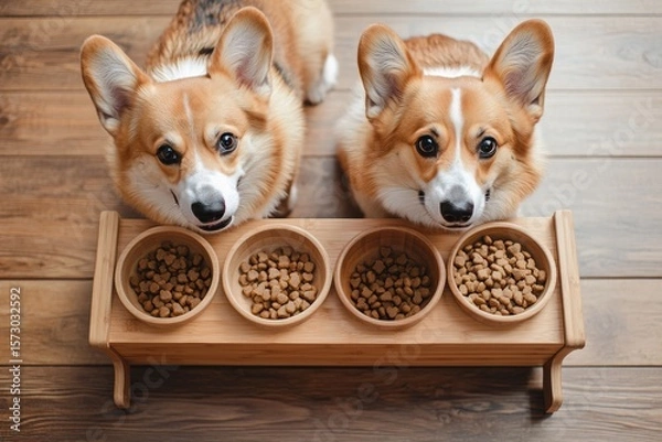 Obraz Top view of two adorable corgi dogs looking up with anticipation, sitting by wooden stand with bowls of dry pet food. Warm natural light. Cozy home setting. Ideal for pet food ads. Copy space