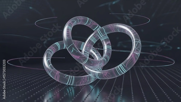 Obraz Transparent intertwined rings with glowing internal patterns and orbiting light trails on a textured dark surface