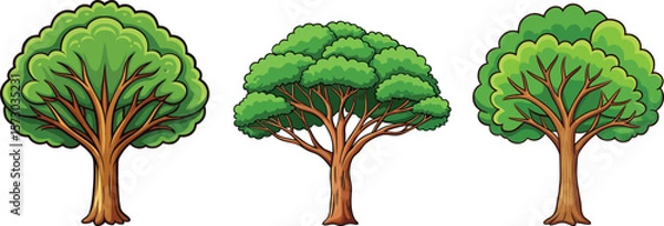Fototapeta Cartoon Tree Set with Green Canopy Isolated on White