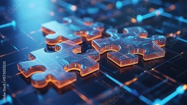 Obraz Transparent puzzle pieces with glowing circuits and blue light lines technology