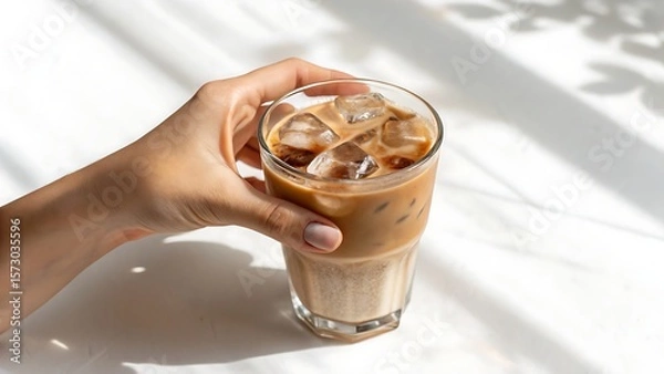 Obraz Female hand with glass of iced latte on white background,drink, coffee, glass, milk, latte, beverage, cream, cup, chocolate, brown, cafe, food, hot, cappuccino, white, 