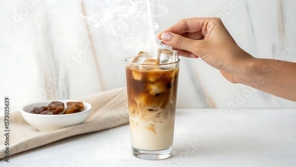 Obraz Female hand with glass of iced latte on white background,drink, coffee, glass, milk, latte, beverage, cream, cup, chocolate, brown, cafe, food, hot, cappuccino, white, 