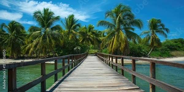 Obraz A tropical wooden bridge with palm trees swaying nearby