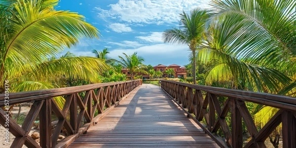 Obraz A tropical wooden bridge with palm trees swaying nearby