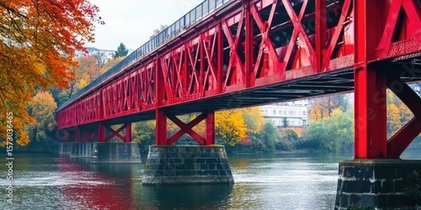 Obraz A vibrant steel bridge painted bright red over a river