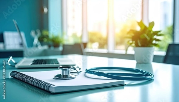 Obraz Medical workspace featuring a stethoscope on a notebook beside a laptop and plants, with sunlight